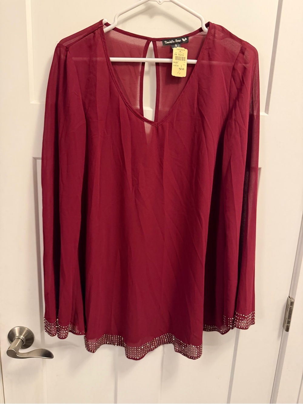 Double Zero Women's Burgundy Long-Sleeve V-Neck Blouse With Sparkle Detail